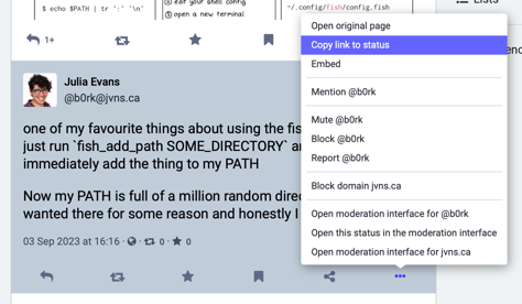Screenshot of a Mastodon post with the menu open, showing the 'Copy link to status' command highlighted.